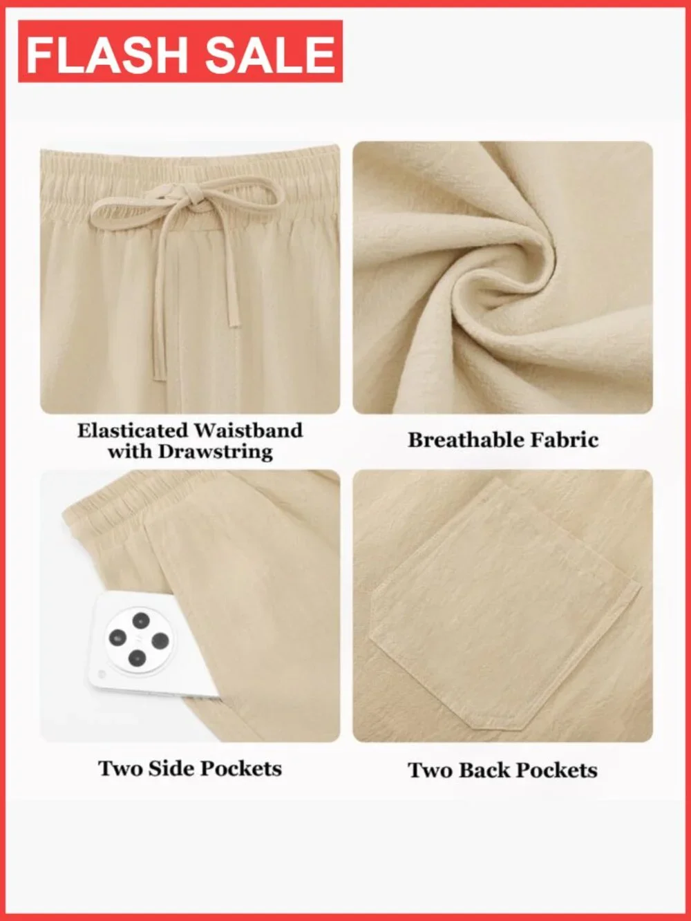 Men's Linen Blend Drawstring Pants Loose Fit Casual Trousers with Pockets